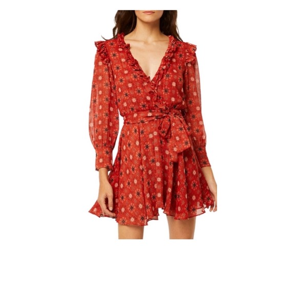 MISA Los Angeles Floral Print Mini Dress Ruffle Trim Long‎ Sleeve Red XL - Picture 5 of 14